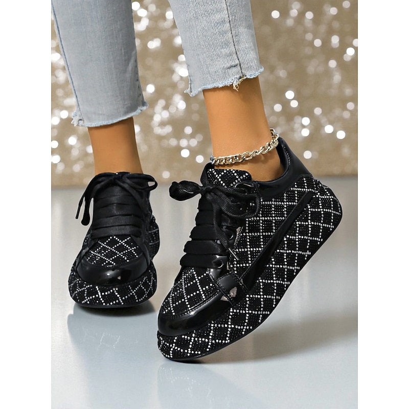 Women's Rhinestone Quilted Sneakers - Black and Silver Lace-Up Party Shoes for Nightlife, Clubbing and Trendy Streetwear