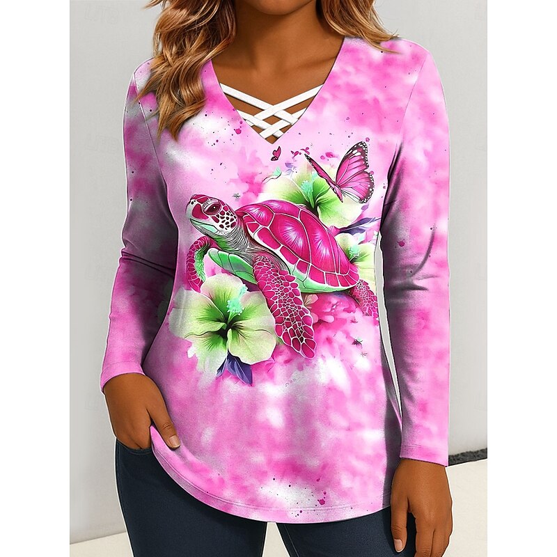 Women's T Shirt Graphic Animal Sea Turtle Vintage Stylish Classic Long Sleeve V Neck Regular Tops Daily Cut Out Print Red Blue Fuchsia Green Spring Fall2
