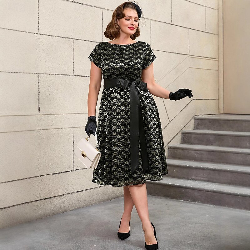 Retro Vintage 1950s Rockabilly Cocktail Dress A Line Dress Flare Dress Plus Size Floral A-Line Round Neck Fancy Dress Women's Vacation Party & Evening Retro Theme Party Adults Dress Spring & Summer2