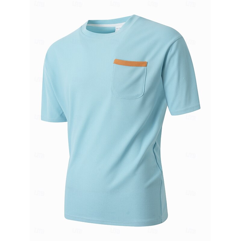 Men's Waffle T-shirt Short Sleeve Crew Neck Henley Summer All Seasons Solid Color Fashion Designer Sporty Front Pocket Outdoor Casual Daily Black Blue Burgundy Top Tee for Men2