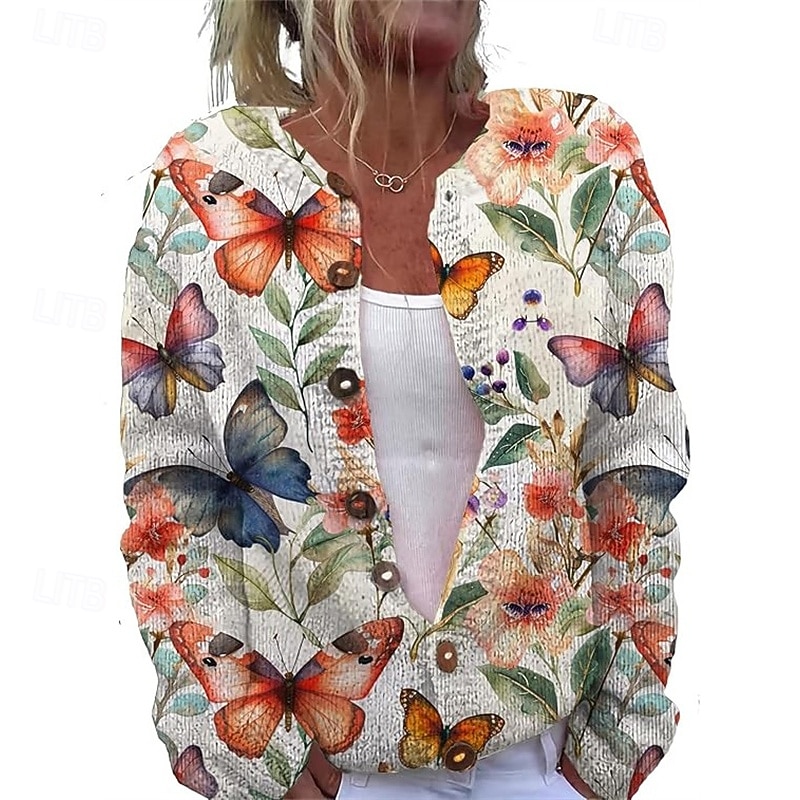 Women's Sweater Cardigan Fashion Streetwear Daily Animal Butterfly Ribbed Open Front Knitted Print Long Sleeve Long Tops Knit Holiday Going out Weekend White Blue Fall Winter