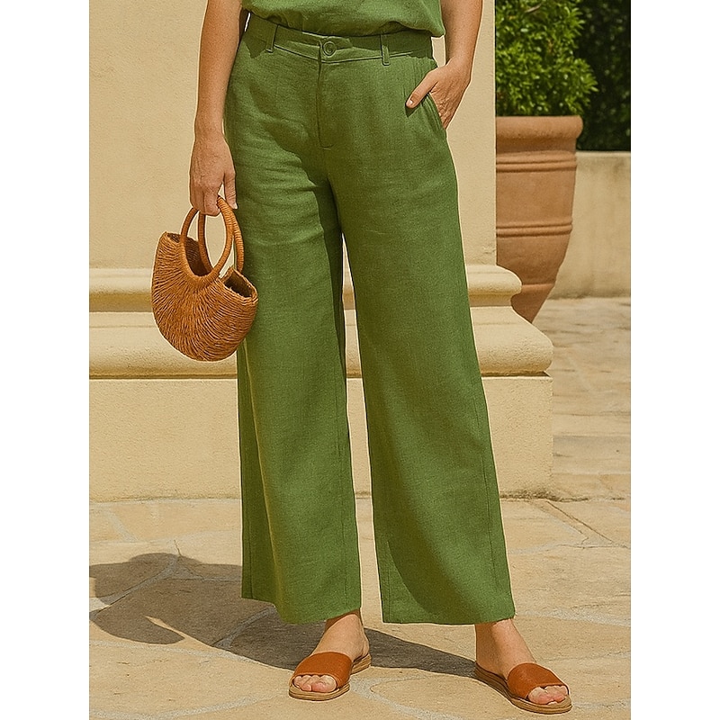 Women's Cotton Linen Wide Leg Chinos Ethnic Style Basic Casual Full Length Medium Waist Plain Pocket Comfort Outdoor Inelastic Causal Daily Black White Green Khaki Summer Spring Regular Fit4