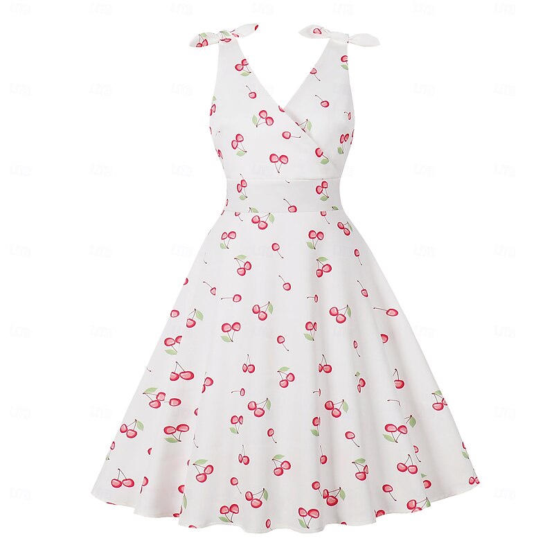 Retro Vintage 1950s Rockabilly Knee Length Flapper Dress Swing Dress Fit and Flare Fruit Cherry A-Line V Neck Fancy Dress Women's Masquerade Vacation Casual Retro Theme Party Adults Dress Spring