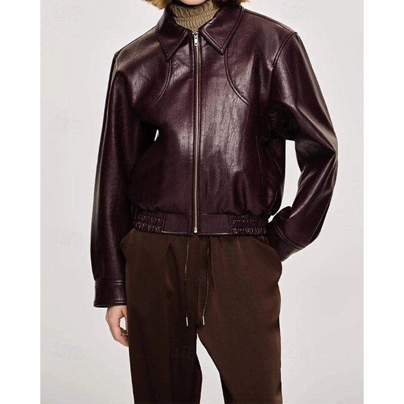 Women's Faux Leather Jacket Comfortable Zipper Fashion Plain Holiday Weekend Zipper Regular Turndown Regular Fit Long Sleeve Outerwear Wine Fall Winter3
