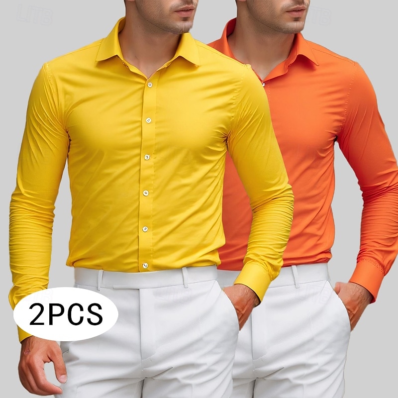 Men's Shirt Dress Shirt Button Up Shirt Tuxedo Shirts Solid / Plain Color Office & Career Daily Wear Yellow+Orange Yellow+pink Green+Yellow Long Sleeve Shirt Collar All Seasons Clothing Apparel Basic