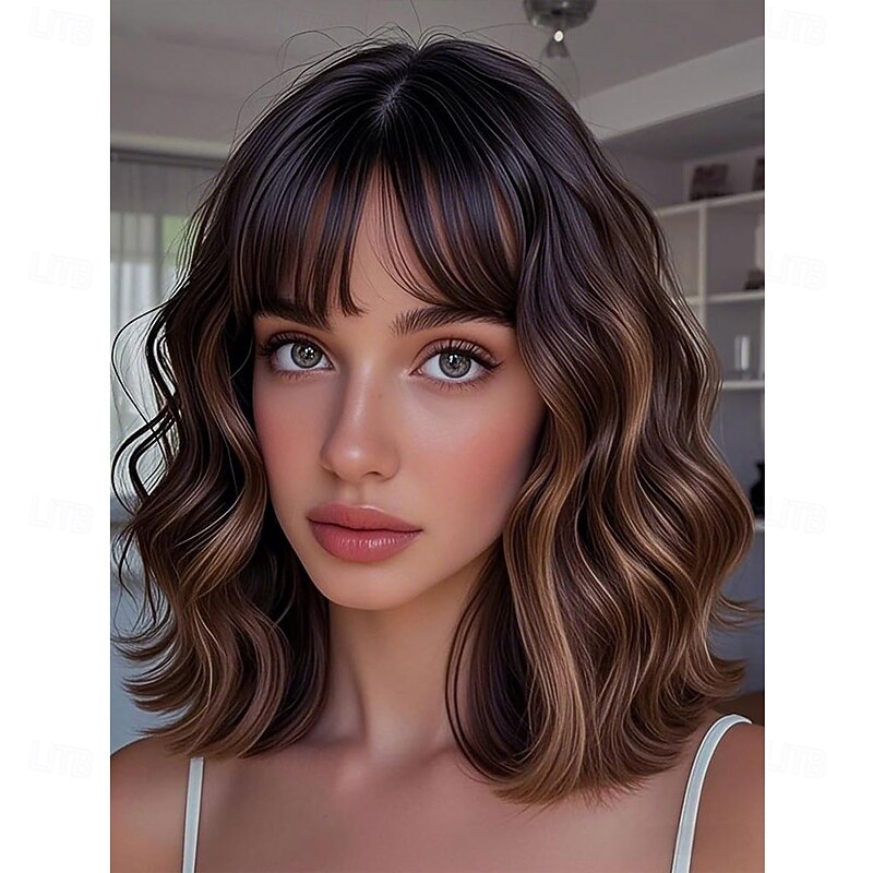 Brown Highlight Blonde Wig with Bangs Short Curly Bob Wigs for Women 14 Inch Shoulder Length Natural Looking Hair Replacement Wigs for Cosplay Party Use