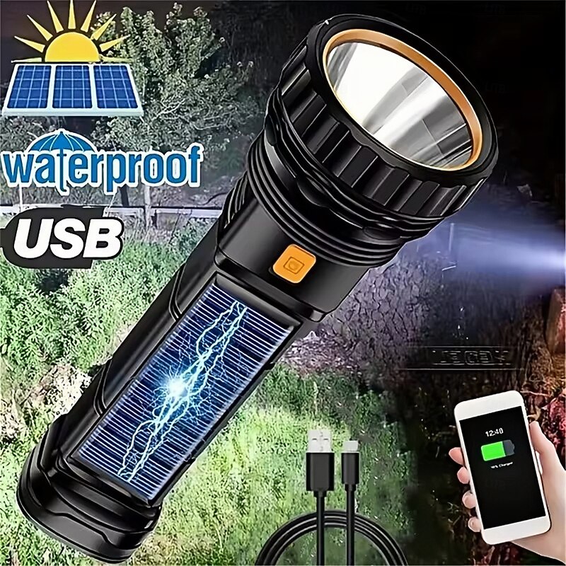 Solar Powered Usb Charging Camping Flashlight Lighting Multifunctional Emergency Light  1PC