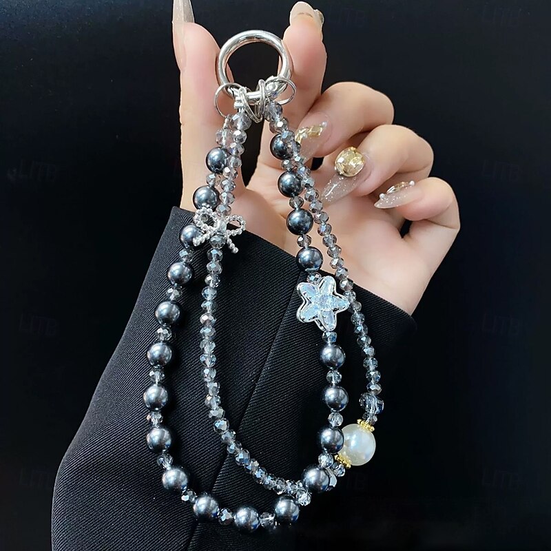 New Fashionable Diamond Star Bow Phone Chain Crystal Double Chain Pearl Pendant Creative Chain Luxury Phone Chain3
