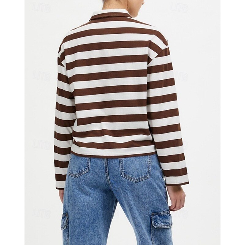 Women's Pullover Sweatshirt Sweatshirts Striped Casual Long Sleeve V Neck Regular Tops Street Going out Half Zipper Quarter Zipper Zipper Black Red Coffee Fall3