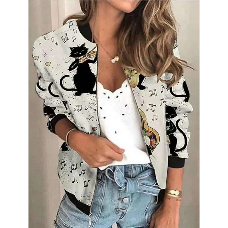 Women's Casual Jacket Comfortable Breathable Zipper Print Casual Floral Vacation Street Daily Wear Going out Zipper Regular Stand Collar Regular Fit Long Sleeve Outerwear Black Red Blue Summer Spring