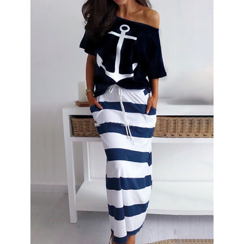 Women's Dress Set T Shirt Dress Tee Dress Casual Stripe Drawstring Print Maxi Dress Short Sleeve Off Shoulder Outdoor Daily White Blue Summer Spring Regular Fit