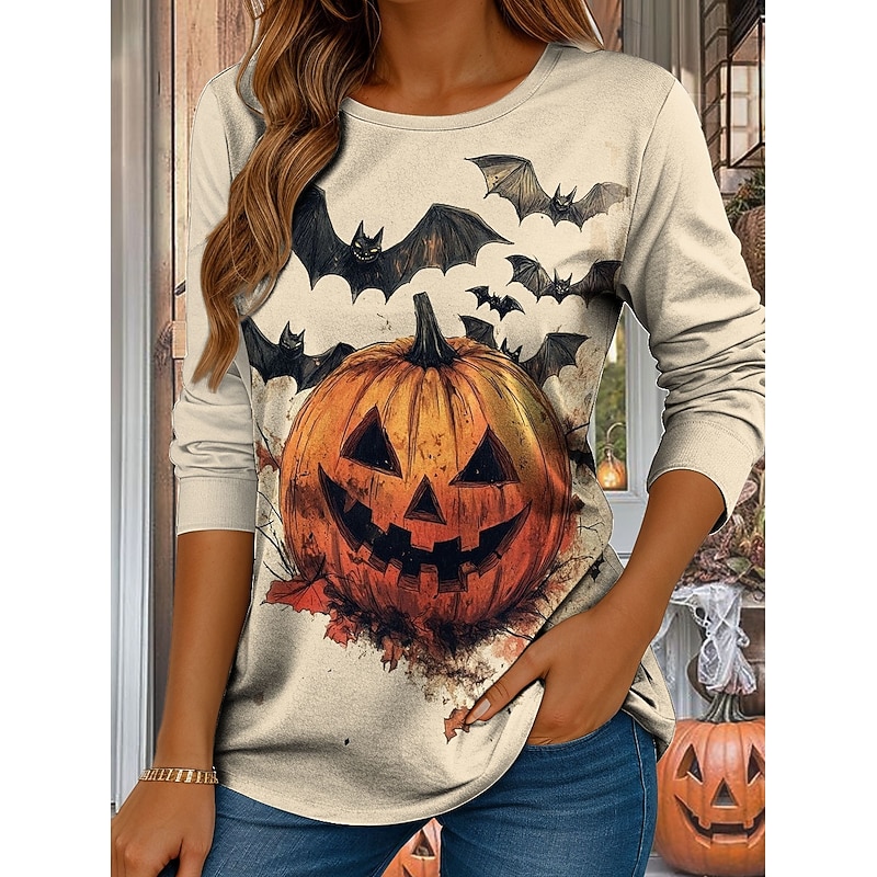 Halloween Women's T shirt Pumpkin Long Sleeve Crew Neck Long Sleeve Tunic Graphic Vintage Stylish Classic Regular Tops Daily Print Beige Fall Prefall