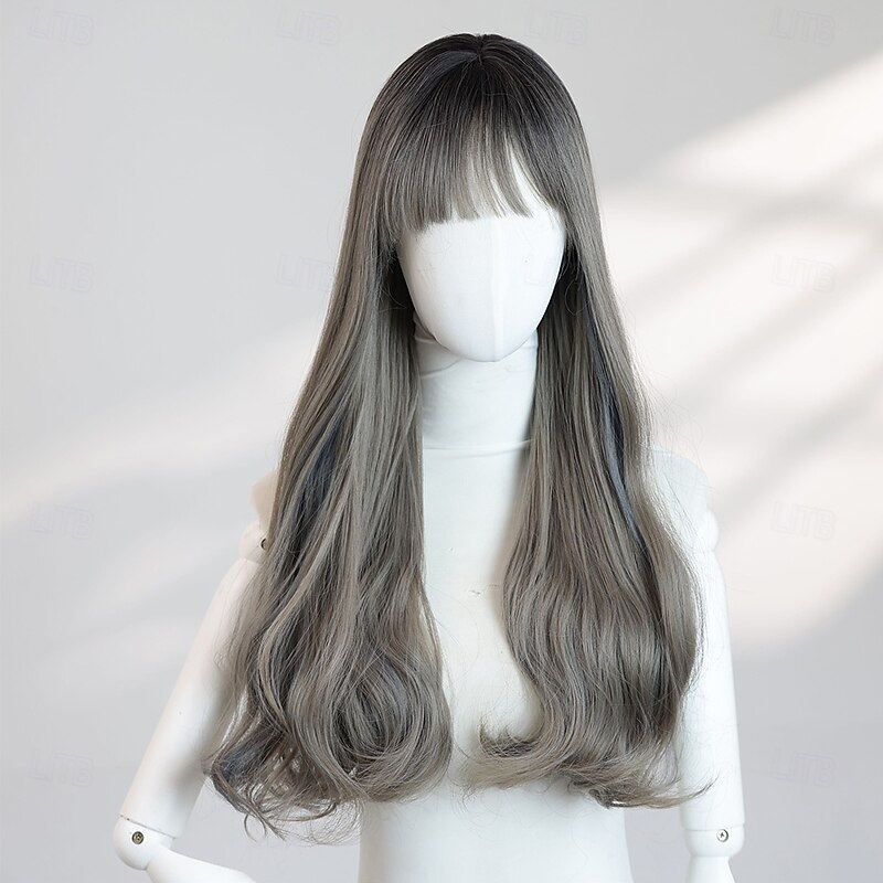 Women's 22″ Grey Wavy Ends Halloween Wig – Full Bangs, Heat‑Resistant Synthetic Long Hair for Costume & Fashion2
