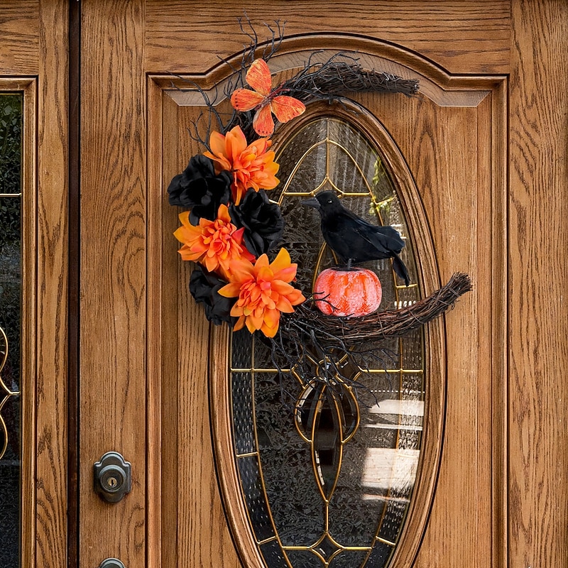 Halloween Wreath for Front Door Indoor Outdoor Decoration, Orange Black Crow Moon Garland with Pumpkin, Twigs, Vine Ring for Party Wall Decor4