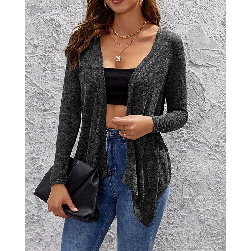 Women's Casual Jacket Comfortable Breathable Irregular Hem Fashion Modern Plain Going out Casual Daily Weekend Cardigan Short Collarless Regular Fit Long Sleeve Outerwear Dark Gray Spring Fall