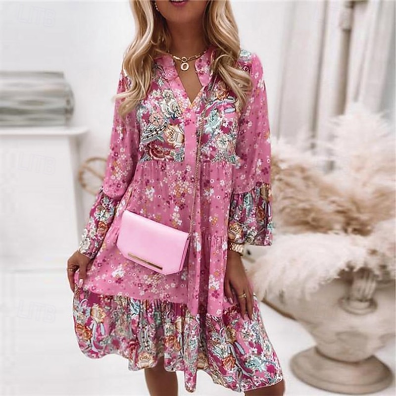 Women's Mini Dress Casual Dress Boho Dress Spring Dress Vacation Streetwear Vacation Street Holiday Regular Fit Floral Long Sleeve Split Neck Pink Blue Green Summer Spring3
