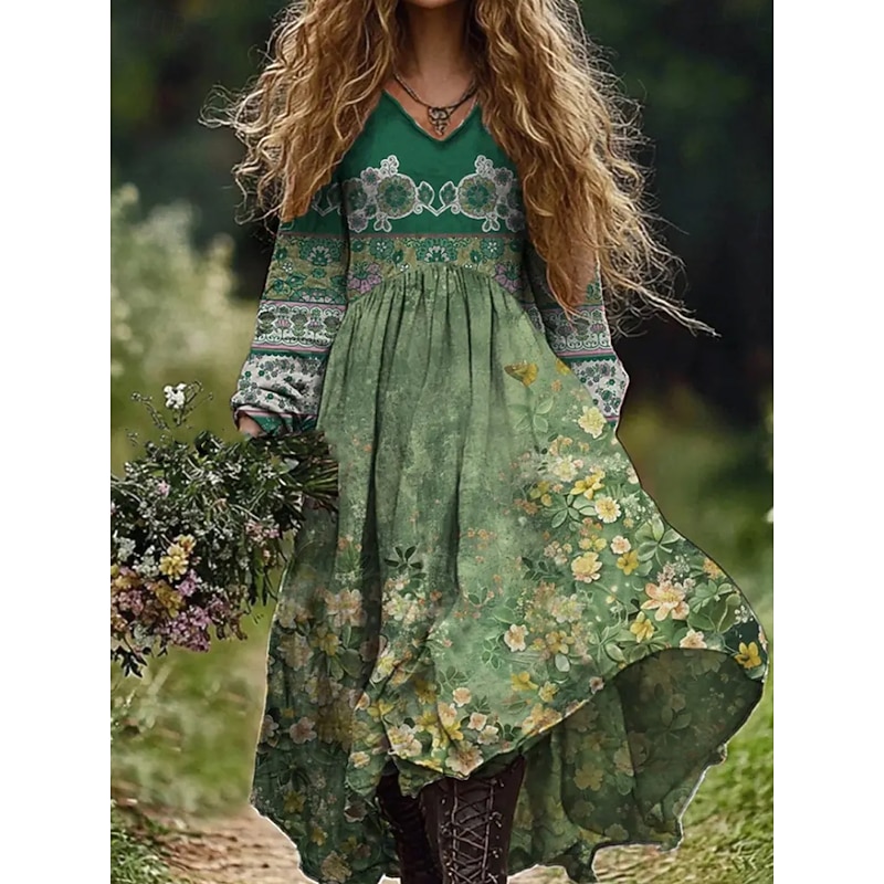 Women's Maxi Dress Sundress Pleated Dress Vacation Casual Boho Going out Beach Floral Graphic Paisley Long Sleeve V Neck Deep Green Wine Dark Pink Blue Summer Spring3