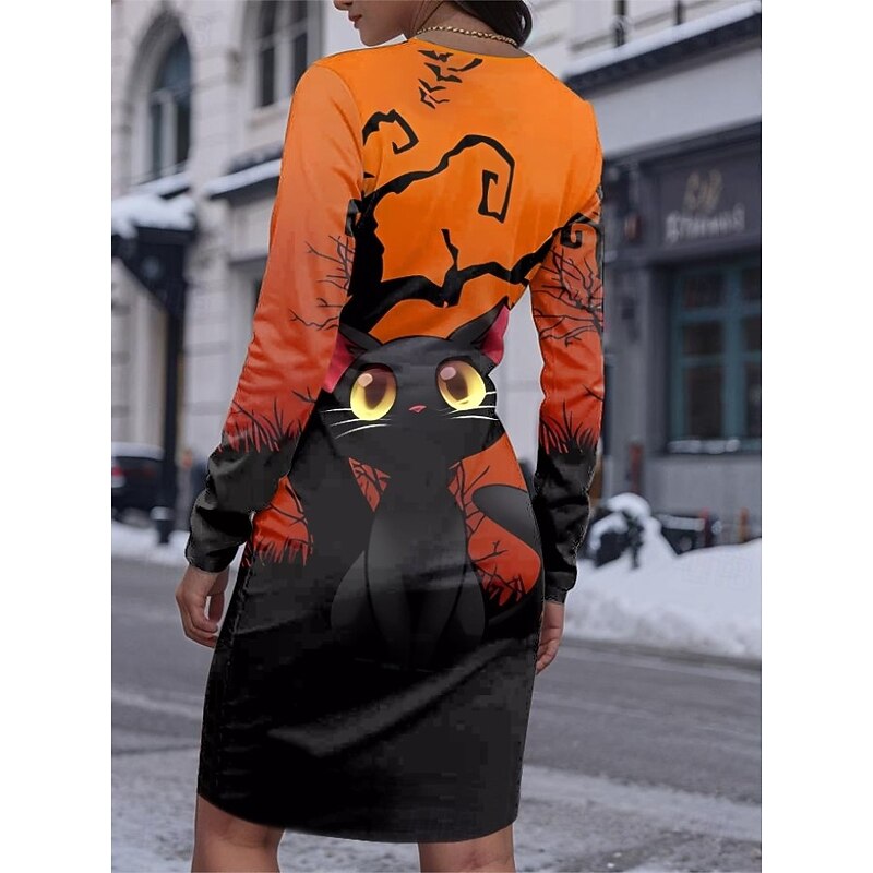 Halloween Women's Black Cat Print Mini Dress T Shirt Dress Tee Dress Shift Dress Dress Vacation Casual Party Daily  Graphic Animal Long Sleeve Crew Neck Black Yellow Purple Orange Spring Fall Winter2