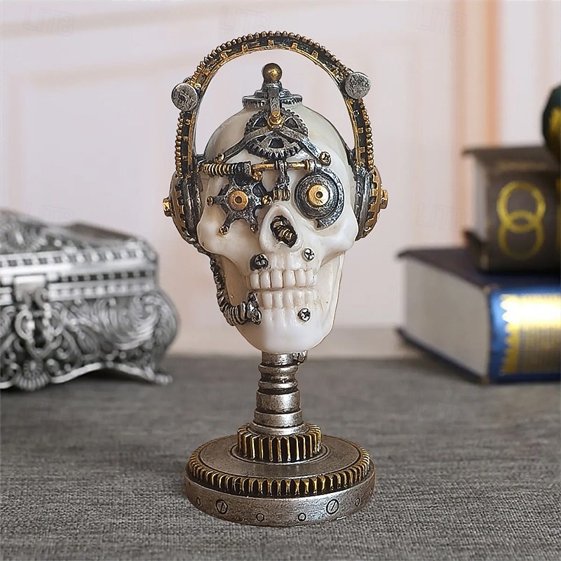 Halloween Evil Mechanical Bobblehead Skull Figurine, Scary Resin Skeleton Head Desktop Decoration, Creepy Office Table Ornament for Haunted House Horror Decor