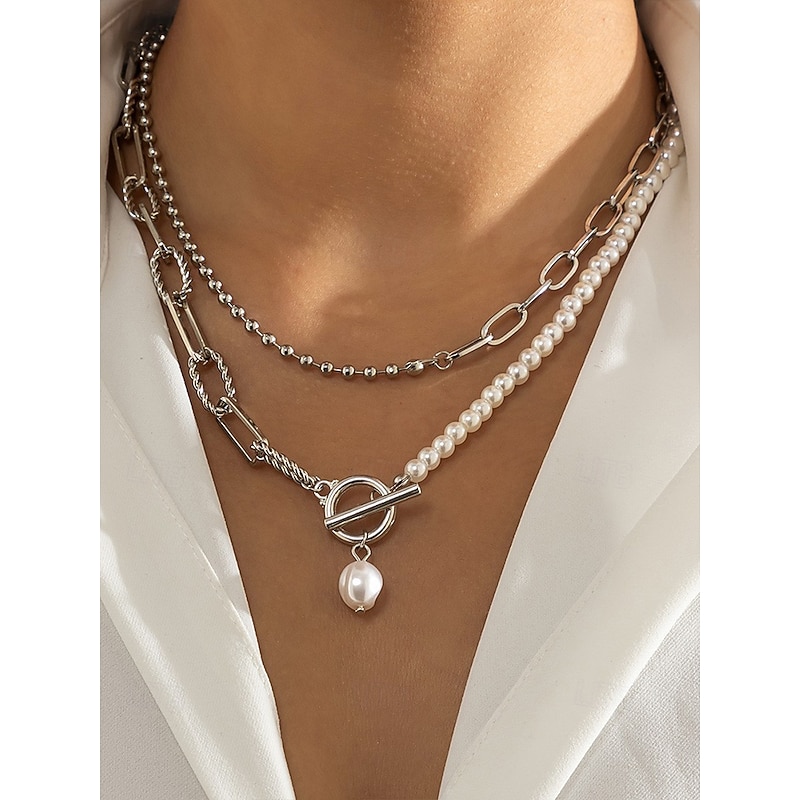 Women's Layered Gold Chain and Pearl Pendant Necklace – Elegant Alloy Jewelry for Cocktail Parties, Weddings and Office Outfits