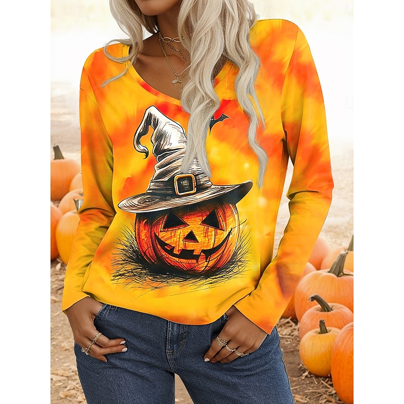 Halloween Women's T shirt Ghost Long Sleeve V Neck Long Sleeve Tunic Graphic Elegant Casual Regular Tops Daily Weekend Print Black Orange Rainbow Spring Fall Prefall4