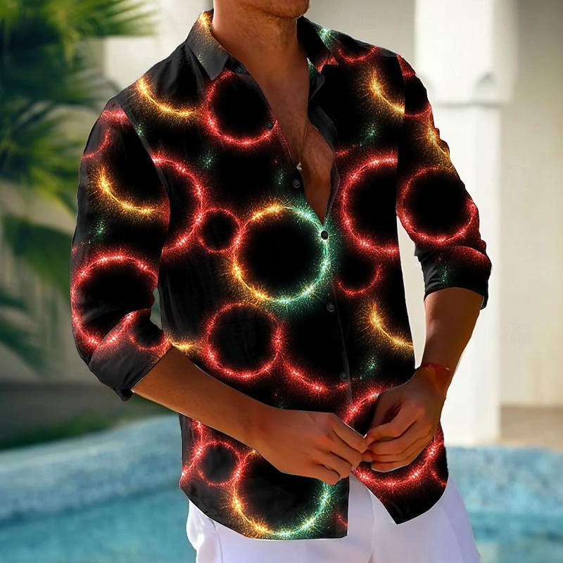 Men's Geometric Circle Neon Glow Shirt Button Up Shirt Casual Dress Shirt Long Sleeve Fashion Casual Vacation Daily Streetwear Summer Spring Turndown 3D Print Collared Shirts Red Blue Orange Green