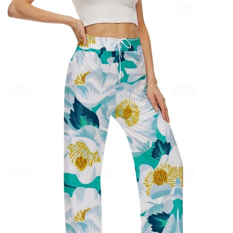 Women's Wide Leg Slacks Streetwear Casual Full Length Natural Flower Print Elastic Drawstring Design Soft Street Holiday Weekend Green Fall Regular Fit3