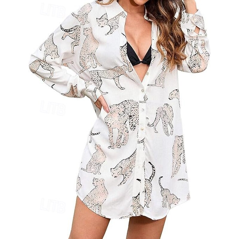 Women's Mini Dress Shirt Dress Casual Dress Fashion Modern Daily Beach Weekend Regular Fit Animal Long Sleeve Shirt Collar White Summer3