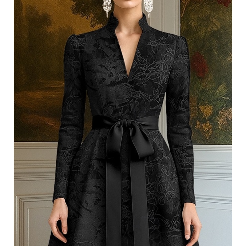 Black Tie Jacquard Brocade A-Line Evening Gown Elegant Dress Formal Wedding Floor Length Long Sleeve V Neck Pocket Nylon with Bow(s) Strappy4