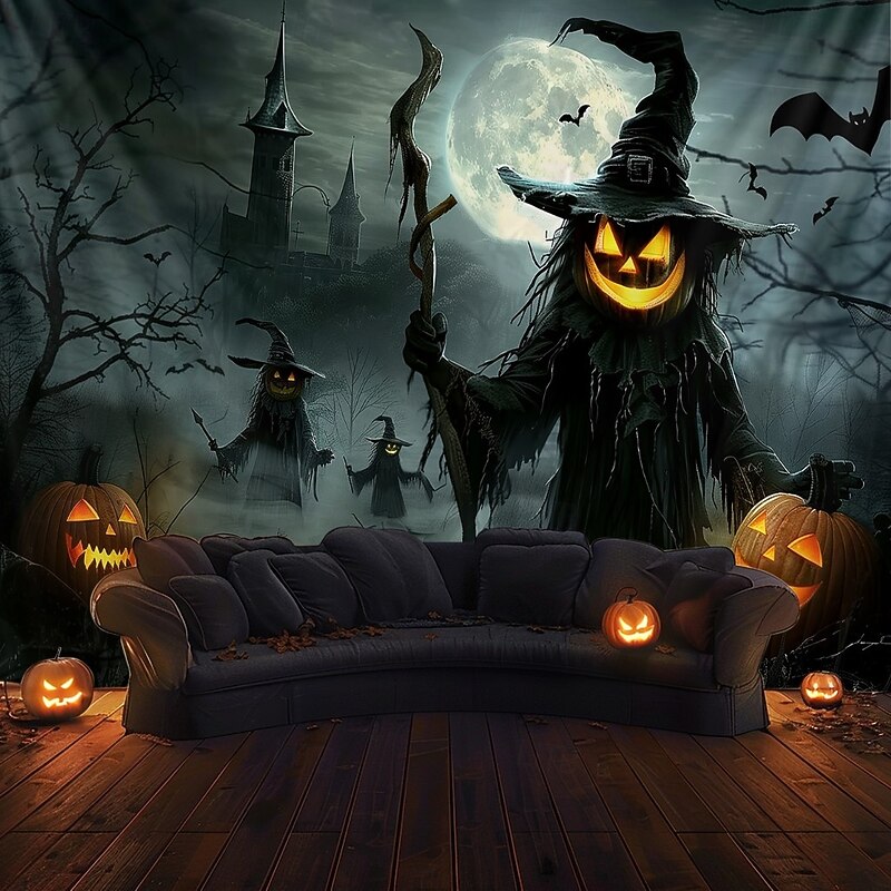 Halloween Scarecrow Wall Tapestry Backdrop – Pumpkin Head Witch with Lantern, Haunted Castle, Full Moon and Bats, Spooky Wall Hanging for  2025 Halloween Home decoration, Party, Photography4