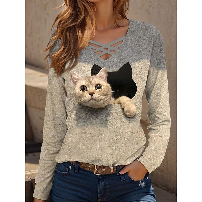 Women's T Shirt Graphic Animal Cat Vintage Stylish Classic Long Sleeve V Neck Regular Tops Daily Cut Out Print Blue Purple Green Khaki Spring Fall