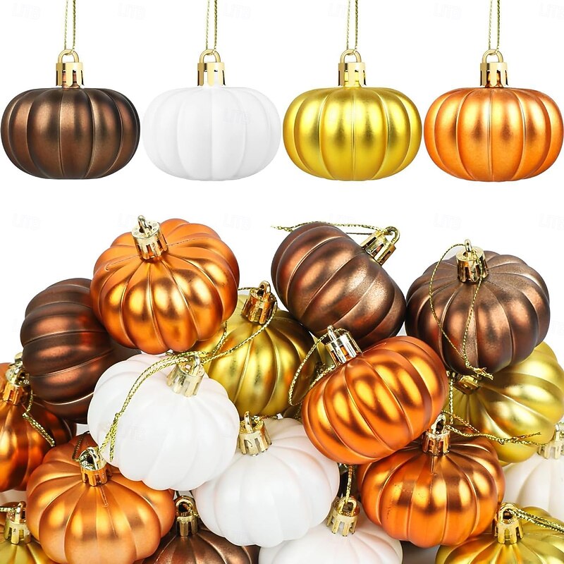 24 pcs Halloween Hanging Pumpkin Ornaments Fall Mini Thanksgiving Ball Ornaments, 2in Flat Artificial Pumpkin Decorations for Harvest Festival, Halloween Party, Autumn Wreath or Table Display