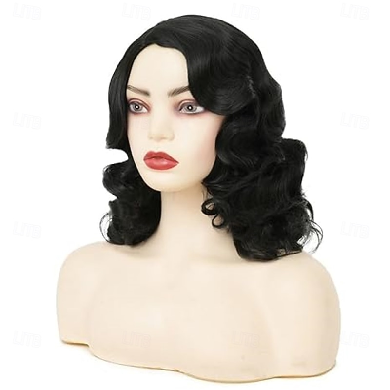 Black Curly Finger Wave Wigs for Women Long 1920s Wig Vintage Wigs Lady Synthetic Cosplay Costume Wig4