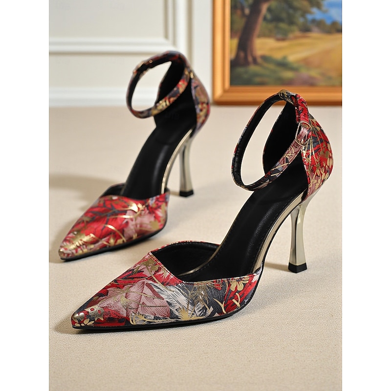 Women's Blue Floral Brocade Pointed Toe High Heels – Elegant Ankle Strap Stiletto Pumps for Daily, Evening Party & Formal Events
