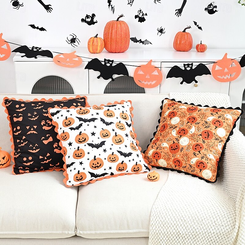1 Pc Halloween Pillow Cover, Pumpkin Bat Geometric Casual Square Zipper Traditional Classic