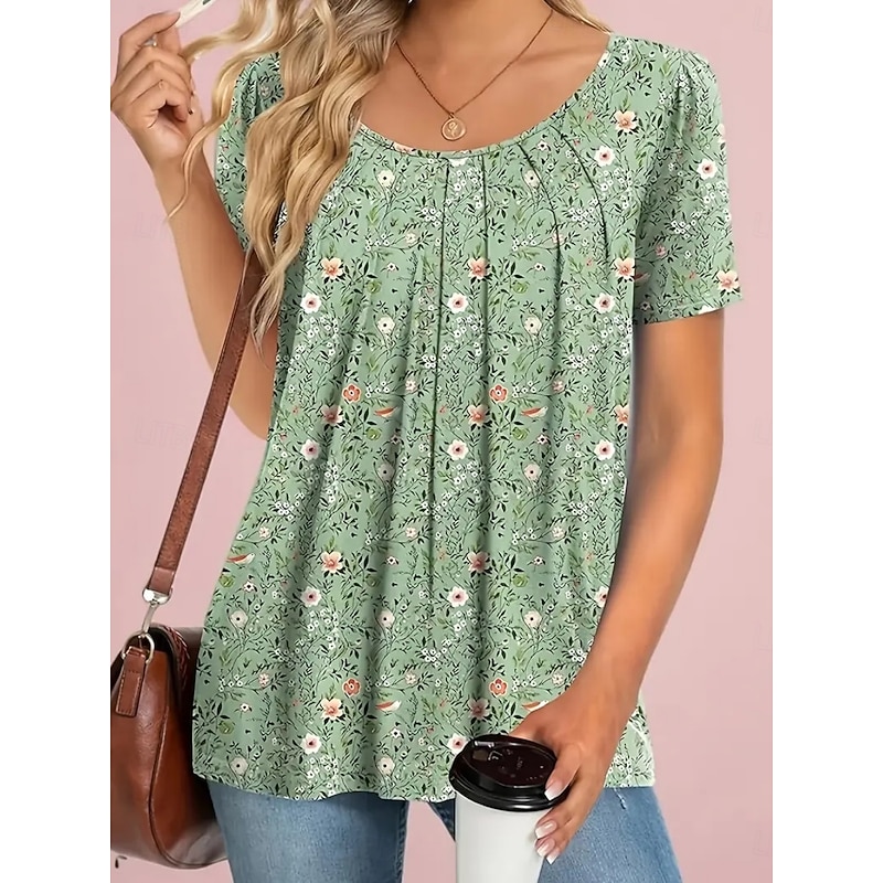 Women's Summer Tops Floral Daily Casual Short Sleeve Crew Neck Regular Tops Daily Print Black Light Green Light Purple Purple Summer
