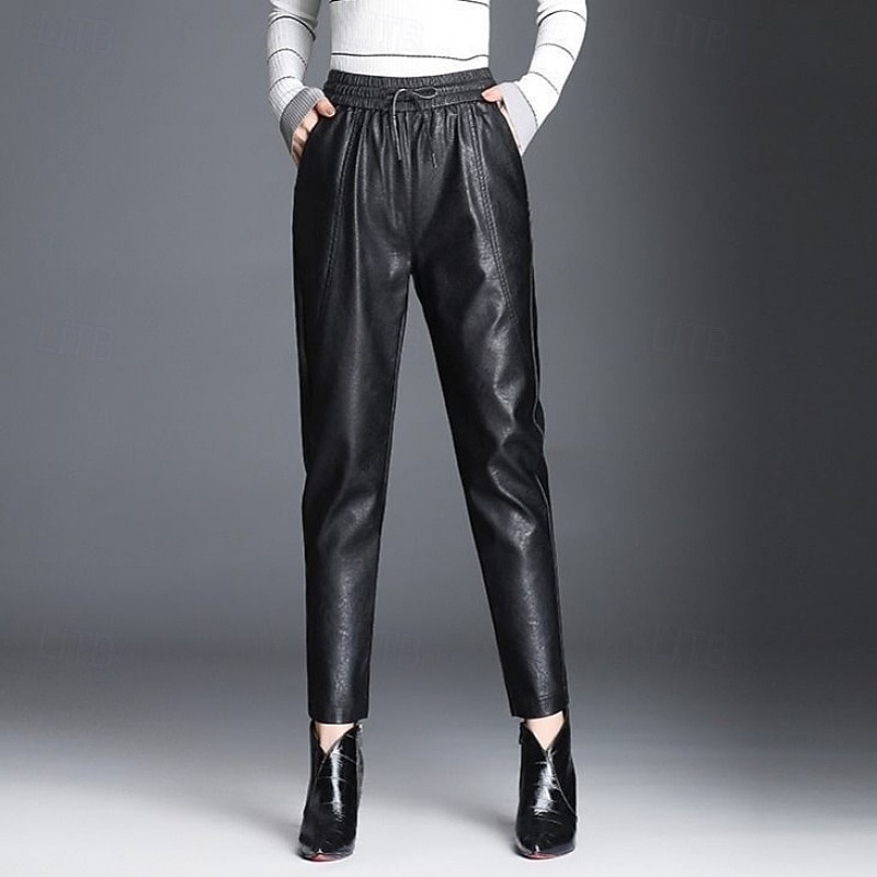 Women's EU / US Size Fleece Pants Leather Pants Cropped Pants Casual / Sporty Plus velvet Ankle-Length High Rise Plain Stylish Harem Windproof Outdoor Warm Micro-elastic Office / Career Winter Black2