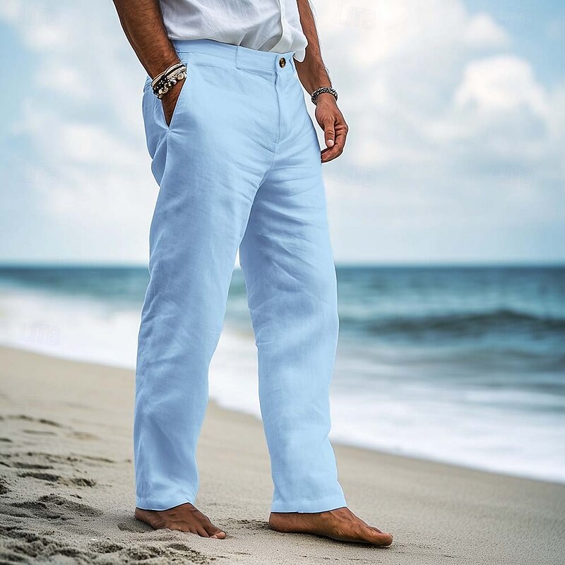 Men's Linen Pants Trousers Dress Pants Summer Pants Baggy Pants Front Pocket Straight Leg Plain Comfort Breathable Full Length Formal Business Holiday Vacation Fashion White Navy Blue Inelastic2