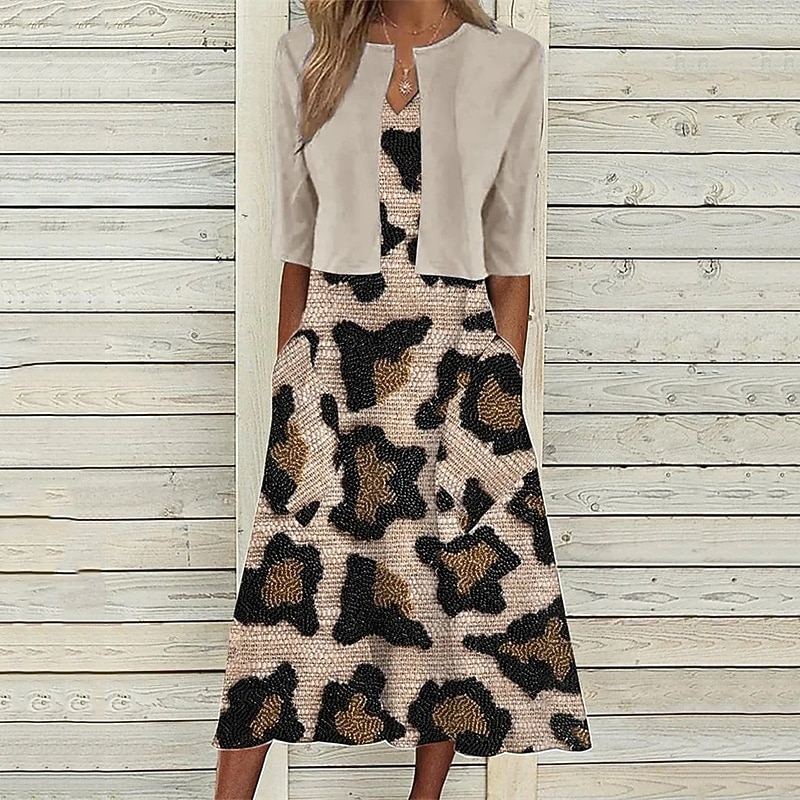 Women's Midi Dress Casual Dress Dress Set Fashion Modern Daily Beach Weekend Regular Fit Leopard Flower Half Sleeve V Neck Pink Orange Brown Khaki Spring Fall