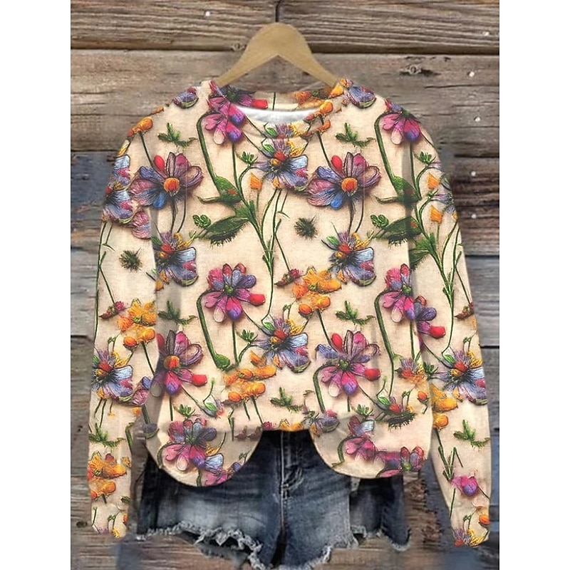 Women's Pullover Sweatshirt Floral Graphic Warm Active Vintage Long Sleeve Crew Neck Regular Tops Street Dailywear Casual Print Black Purple Fuchsia Orange Green Spring Fall Winter2