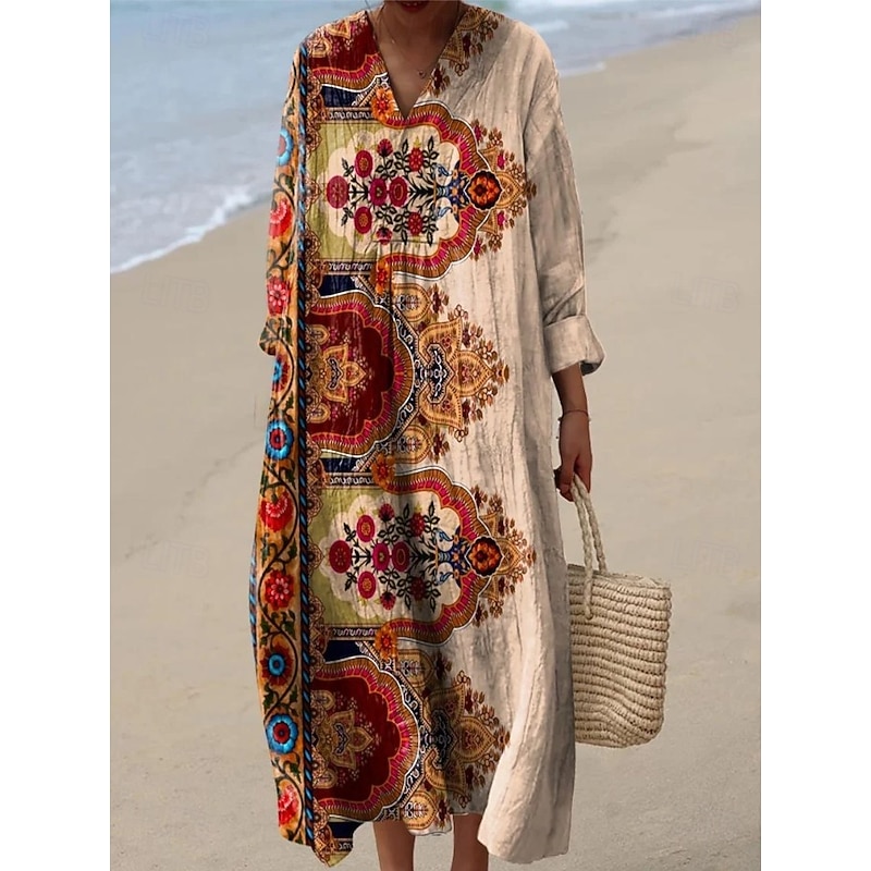 Women's Midi Dress V Neck Long Sleeve Kaftan Lightweight Loose Fit A Line Dress Casual Going out Loose Fit Floral Graphic Paisley Long Sleeve V Neck Light Blue Navy Black Orange Fall3