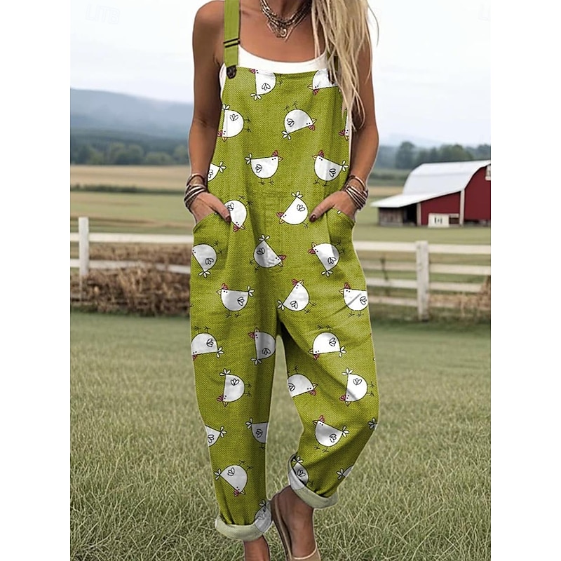 Women's Dungarees Active Animal Sleeveless Sleeveless Wide Leg Pocket Buttons Vacation Street Loose Fit Light Green Green Gray Summer2