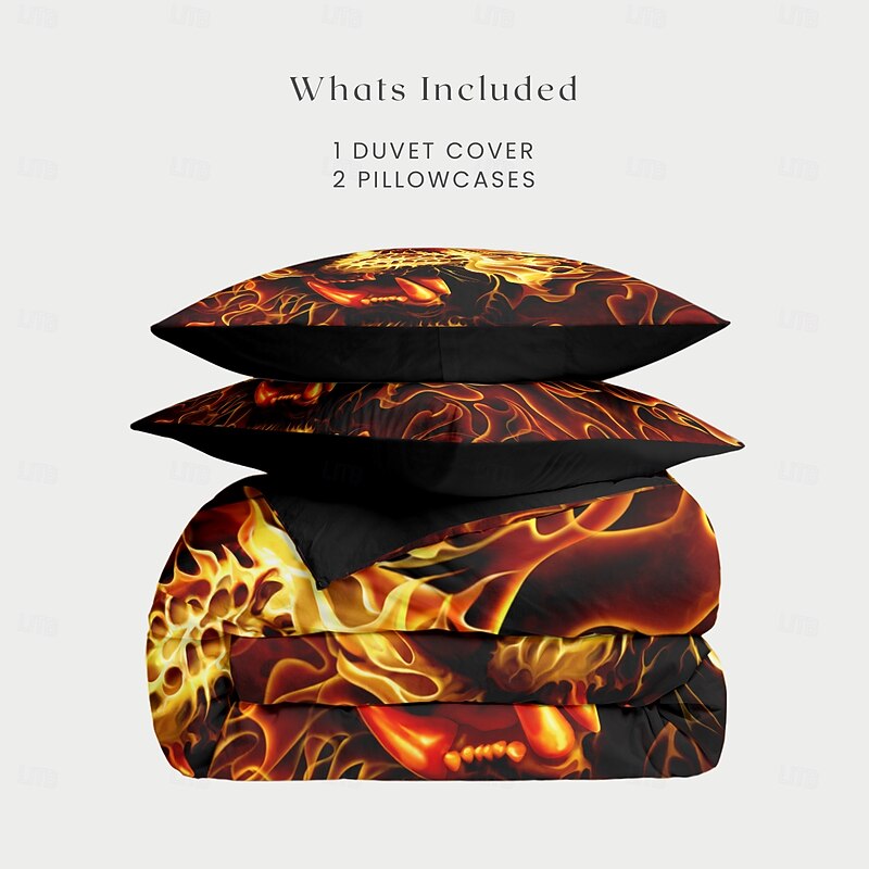 Halloween Duvet Cover Fire Skull by Tom Wood Bedding Set 3-Piece Comforter Cover Set with Zipper Closure, Soft and Lightweight, Holiday Bedroom Decoration3