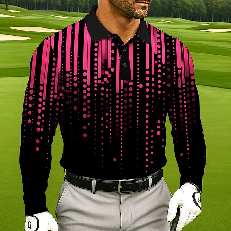 Men's Polka Dot Golf Polo Sports Polo Shirts Long Sleeve Polo Shirts Lapel Business Casual Athleisure Daily Wear 3D Print Buttons Spring Fall Winter Black Red Blue