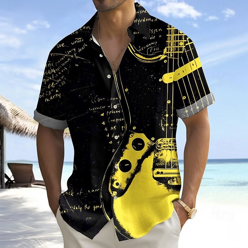 Men's Boardmasters Guitar Musical Instrument Shirt Summer Shirt Button Up Shirt Short Sleeve Vintage Retro Outdoor Vacation Dailywear Summer Spring Turndown 3D Print Collared Shirts Front One Pocket4