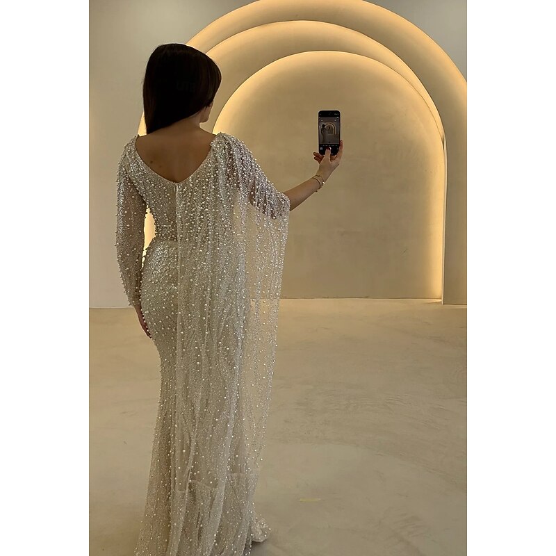 White Black Tie Mermaid Evening Gown Elegant Dress Formal Wedding Guest Floor Length Long Sleeve V Neck Sequined with Glitter Slit Shawl3