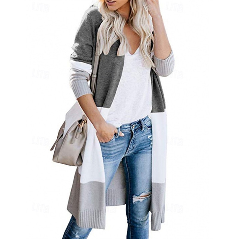 Women's Sweater Cardigan Fashion Streetwear Daily Color Block Ribbed Open Front Knitted Long Sleeve Long Tops Knit Holiday Going out Weekend Blue Orange Fall Winter2