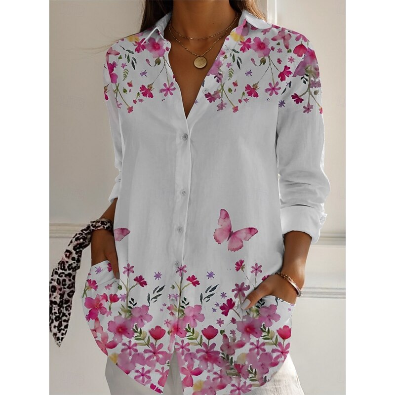Women's Shirt Floral Butterfly Active Daily Stylish Long Sleeve Shirt Collar Regular Tops Daily Holiday Buttons Print Black White Pink Purple Green Spring Fall2