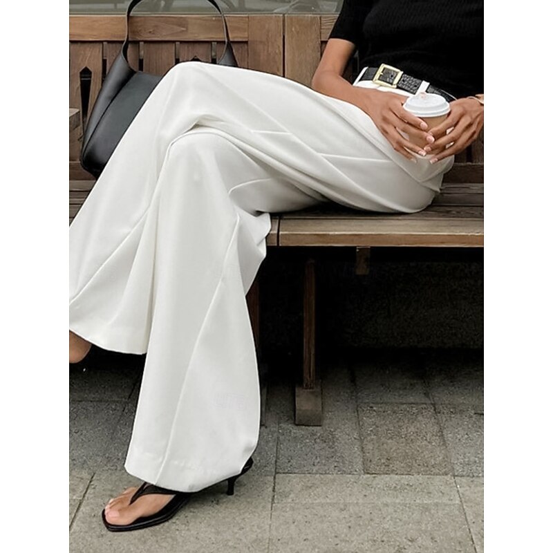 Women's Wide Leg Pants Trousers Streetwear Casual Long High Waist Plain Pocket High Cut Breathability Soft Micro-elastic Office Street Business White Fall Regular Fit2