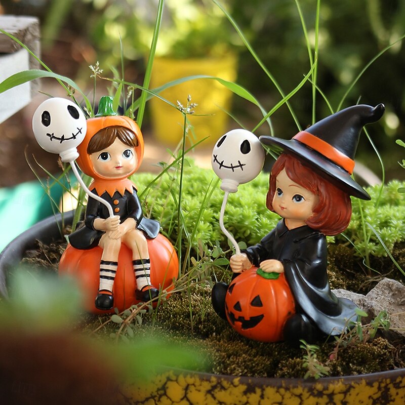 2PCS Halloween Resin Skeleton with Balloon and Witch Figurines Set, Outdoor Yard Planter Decor, Spooky Halloween Desktop and Home Decorations4
